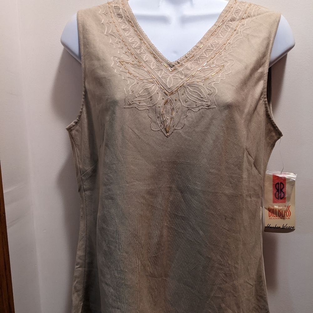 Bill Blass medium taupe beaded v neck linen blend sleeveless blouse NWT - Picture 1 of 7